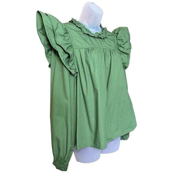 Crown & Ivy Green Ruffle Top Sz L Cottagecore Prairie Victorian 100% Cotton - Picture 10 of 13